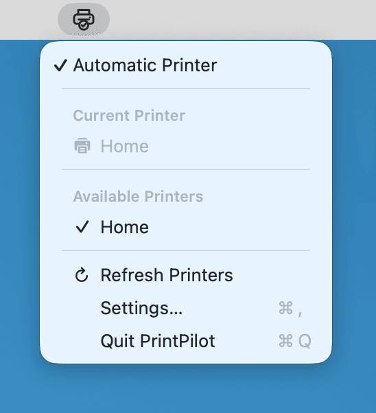 PrintPilot menu showing the current and available printers on macOS