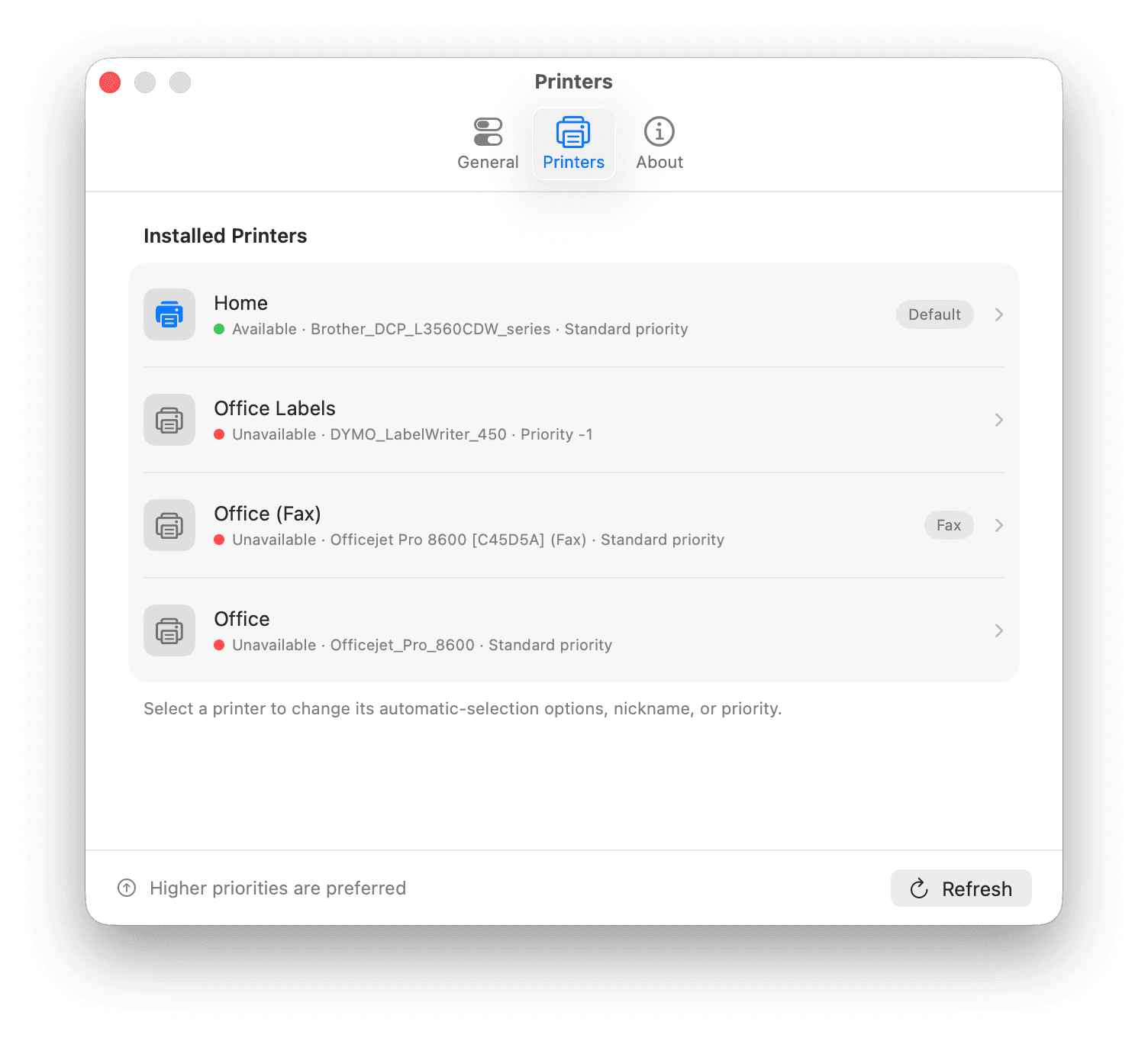 PrintPilot showing installed printers and their availability on macOS
